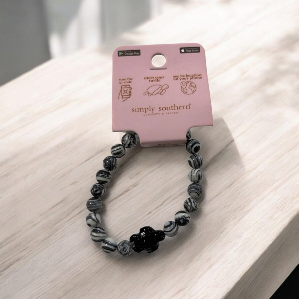 Simply Southern Onyx Marble Turtle Tracker Bracelet, w/Black Turtle NWT